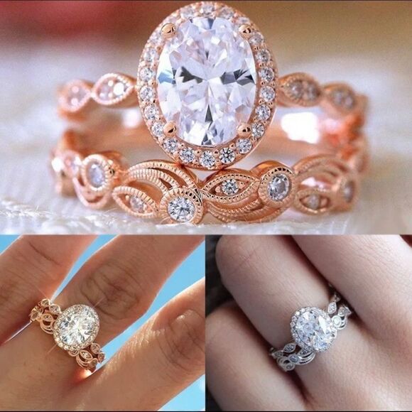 Romantic Princess Cut Rose Gold PLATED Ring Set - Picture 3 of 4